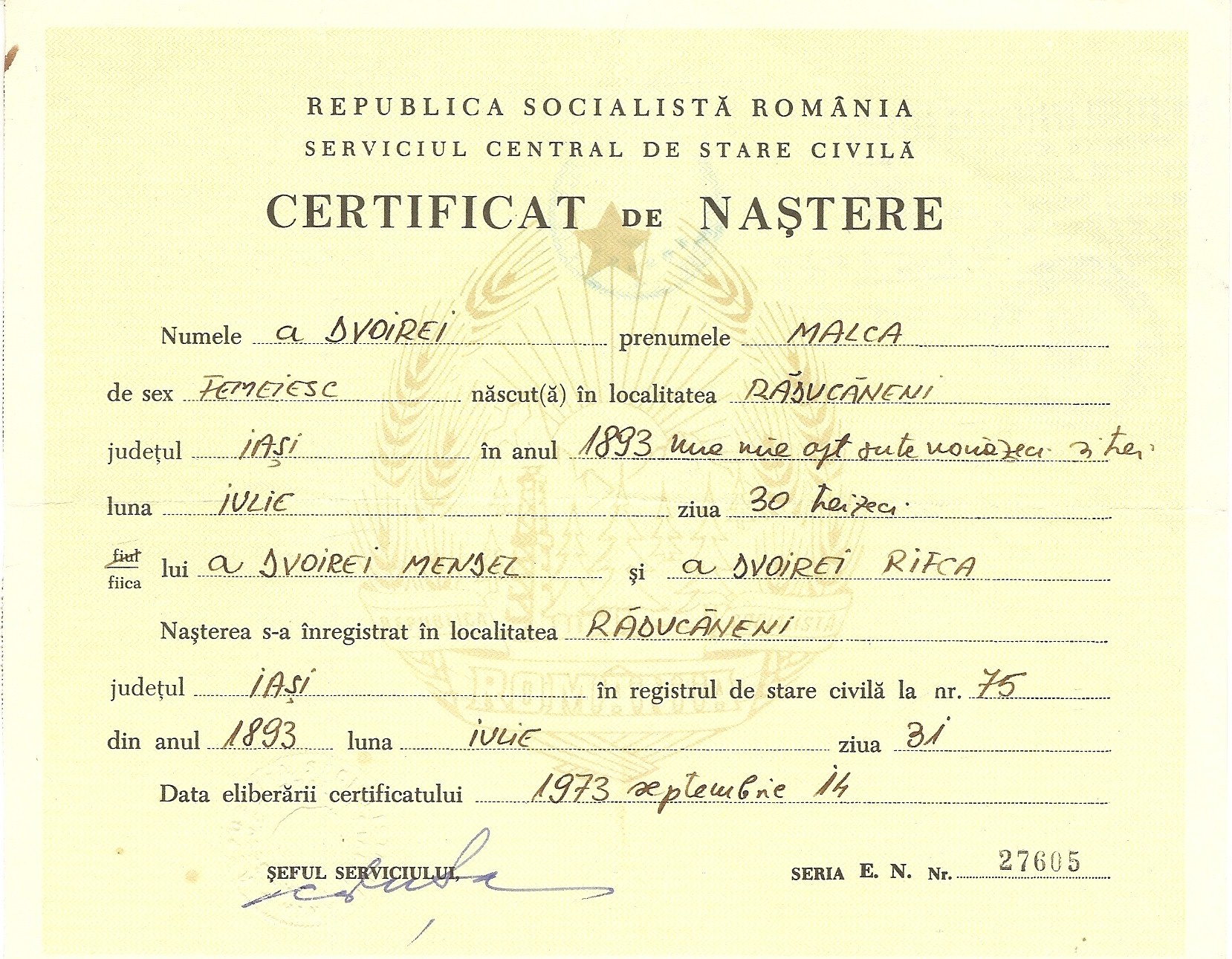 Malca Solomon birth certificate
